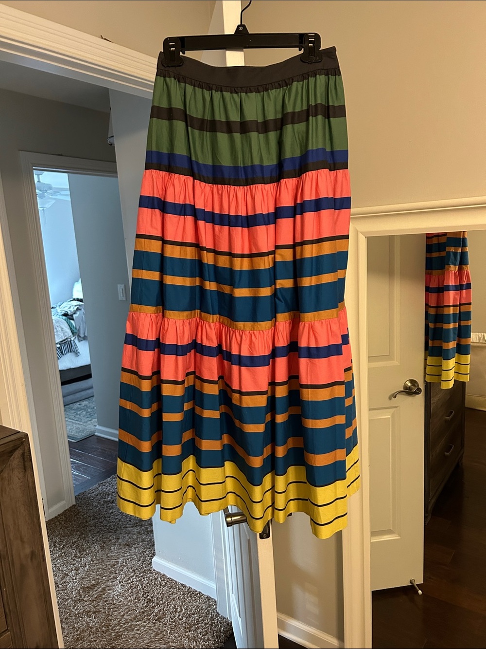 STAUD Tiered Striped Midi Skirt in Green, Pink, Blue, Yellow size 4